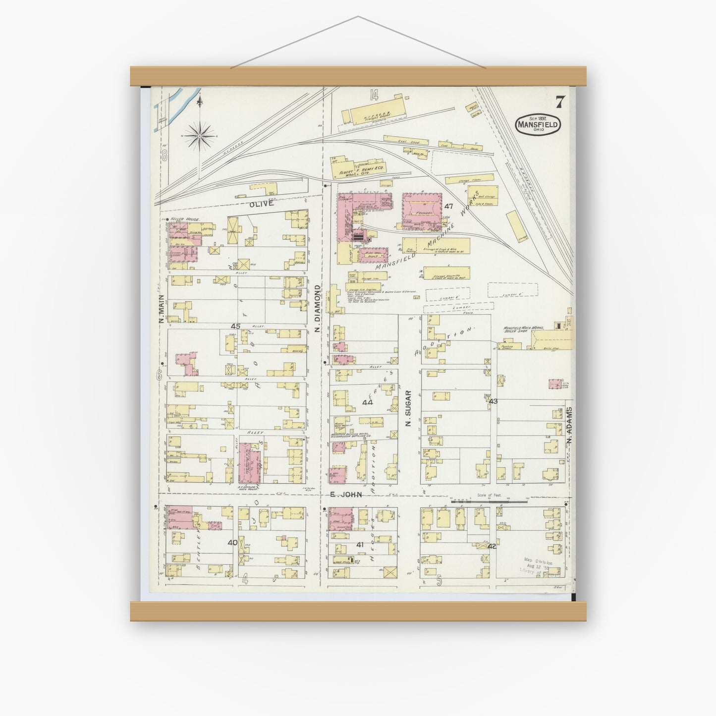 Old map wall art mockup — magnetic wood frame on white wall — Sanborn Fire Insurance Map from Mansfield, Richland County, Ohio (1892), Sheet #0007