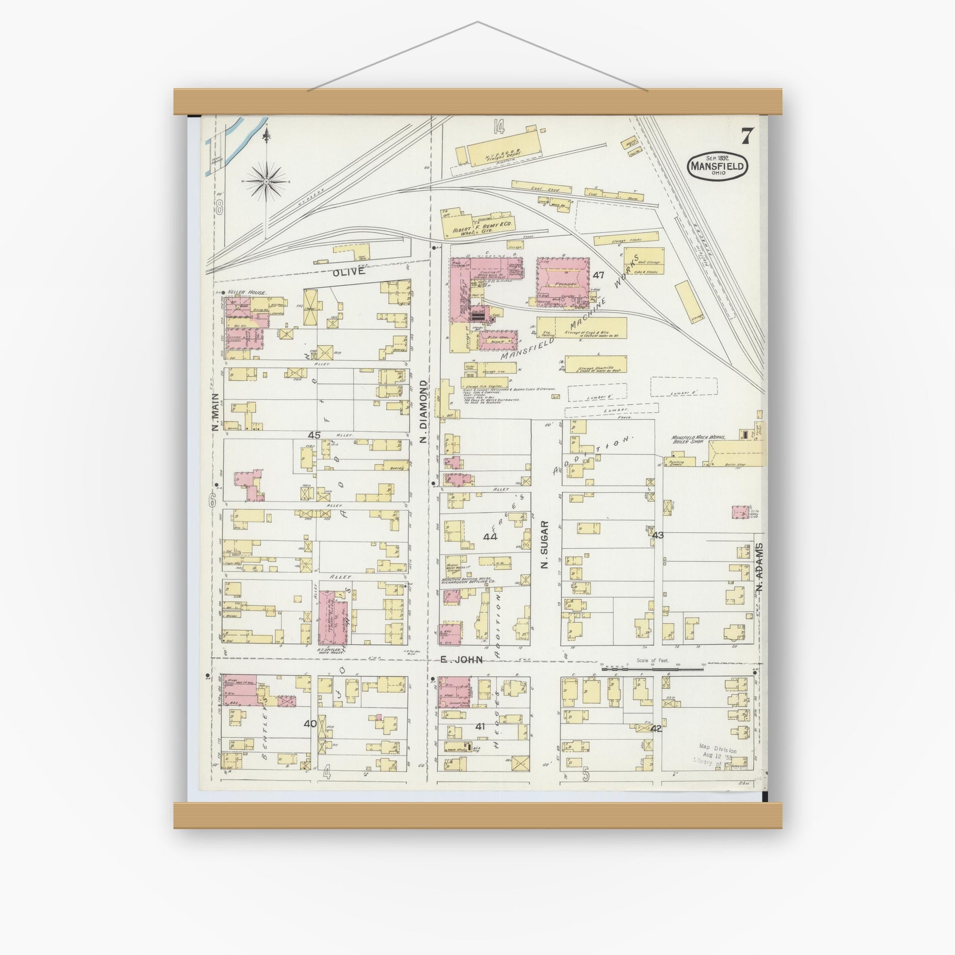 Old map wall art mockup — magnetic wood frame on white wall — Sanborn Fire Insurance Map from Mansfield, Richland County, Ohio (1892), Sheet #0007