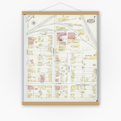 Old map wall art mockup — magnetic wood frame on white wall — Sanborn Fire Insurance Map from Mansfield, Richland County, Ohio (1892), Sheet #0007
