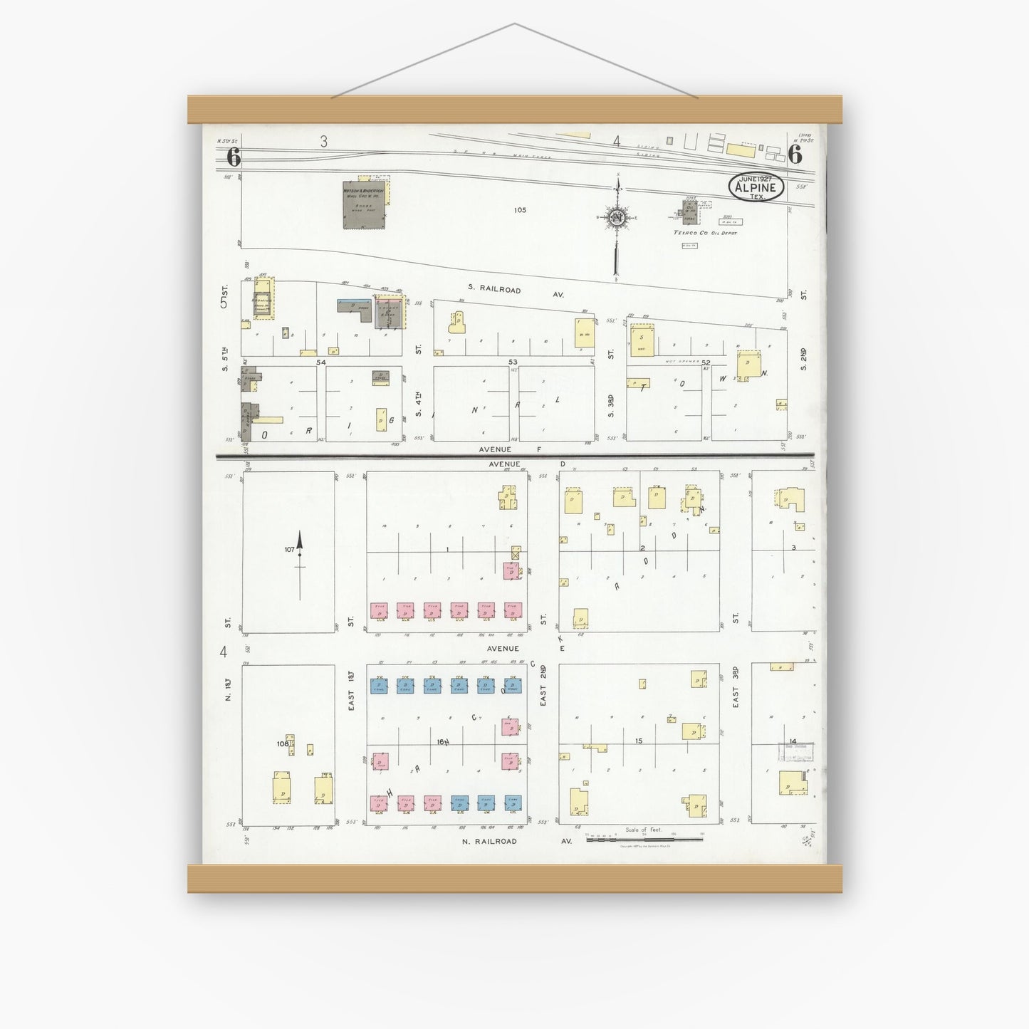 Old map wall art mockup — magnetic wood frame on white wall — Sanborn Fire Insurance Map from Alpine, Brewster County, Texas (1927), Sheet #0006