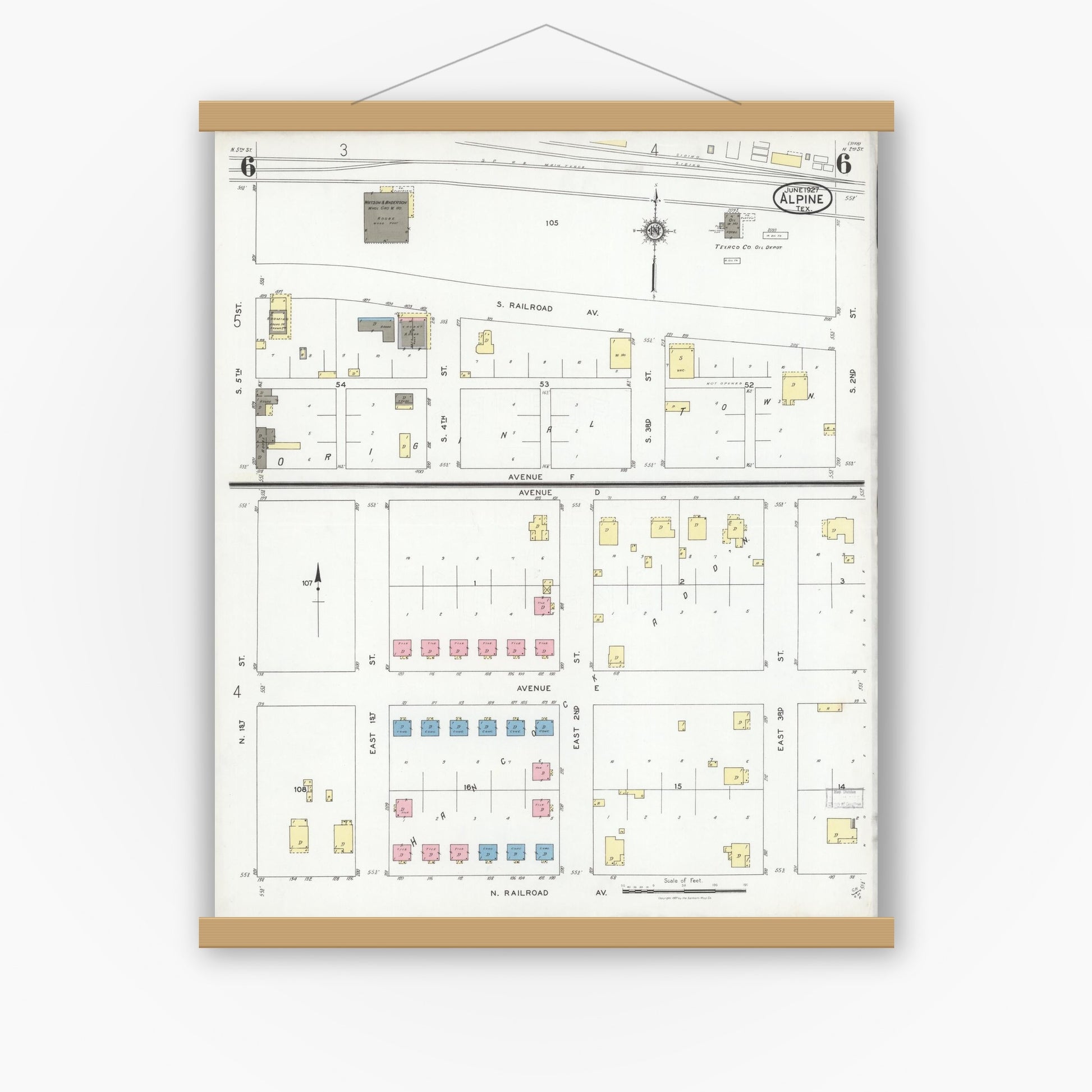 Old map wall art mockup — magnetic wood frame on white wall — Sanborn Fire Insurance Map from Alpine, Brewster County, Texas (1927), Sheet #0006