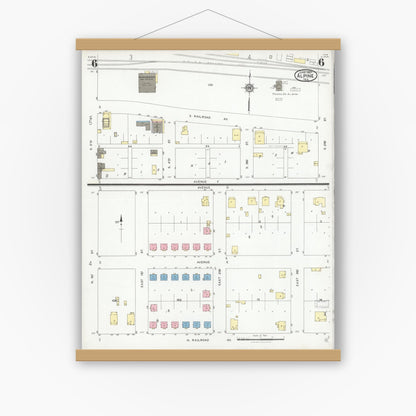 Old map wall art mockup — magnetic wood frame on white wall — Sanborn Fire Insurance Map from Alpine, Brewster County, Texas (1927), Sheet #0006