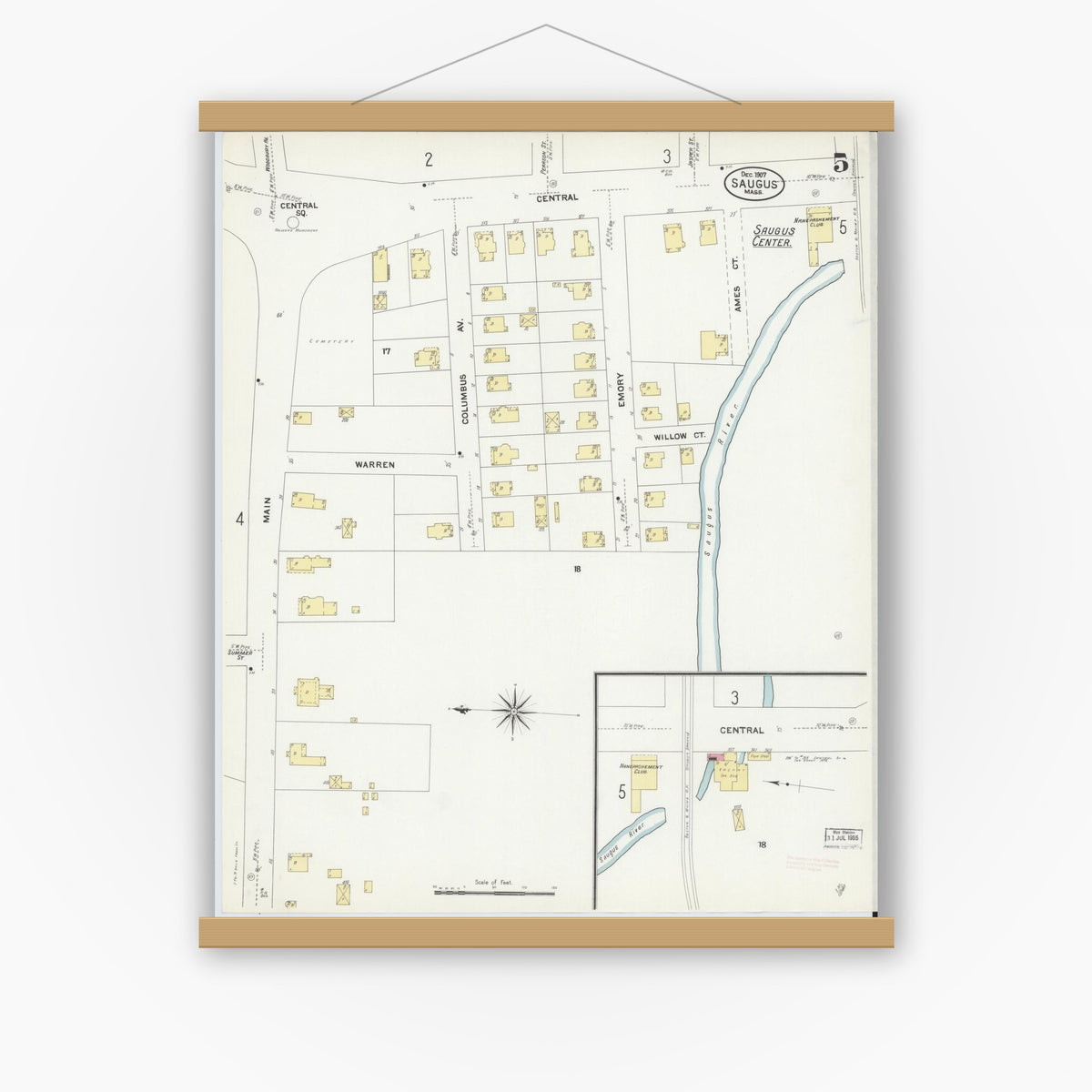 Old map wall art mockup — magnetic wood frame on white wall — Sanborn Fire Insurance Map from Saugus, Essex County, Massachusetts (1907), Sheet #0005