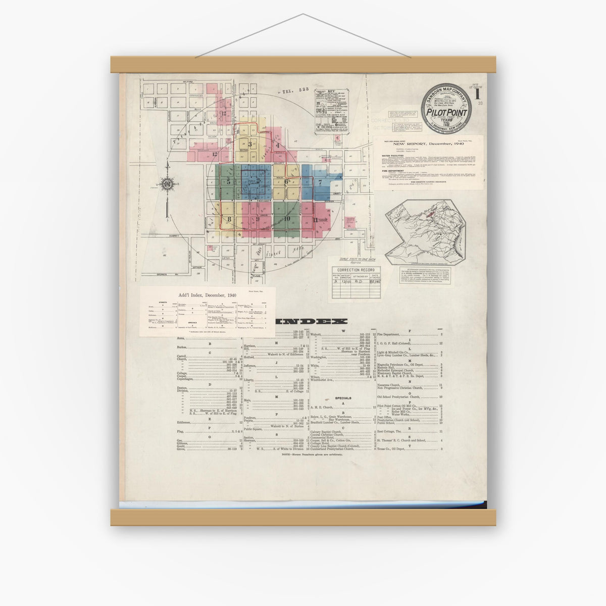 Old map wall art mockup — magnetic wood frame on white wall — Sanborn Fire Insurance Map from Pilot Point, Denton County, Texas (1940) - Complete Map Set
