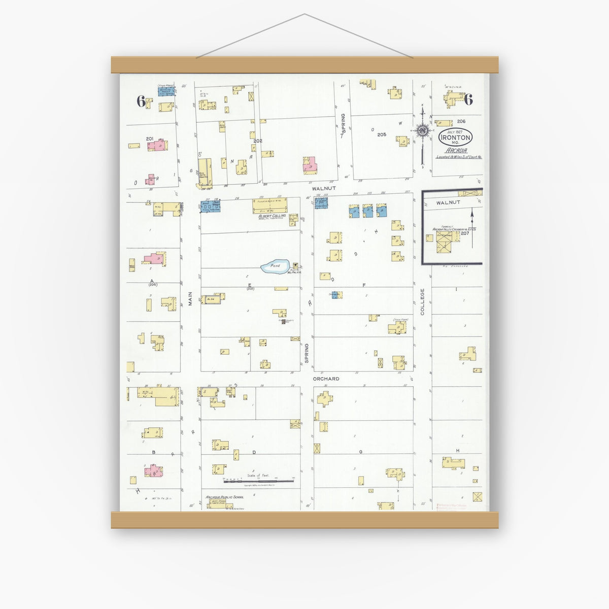 Old map wall art mockup — magnetic wood frame on white wall — Sanborn Fire Insurance Map from Ironton, Iron County, Missouri (1927), Sheet #0006
