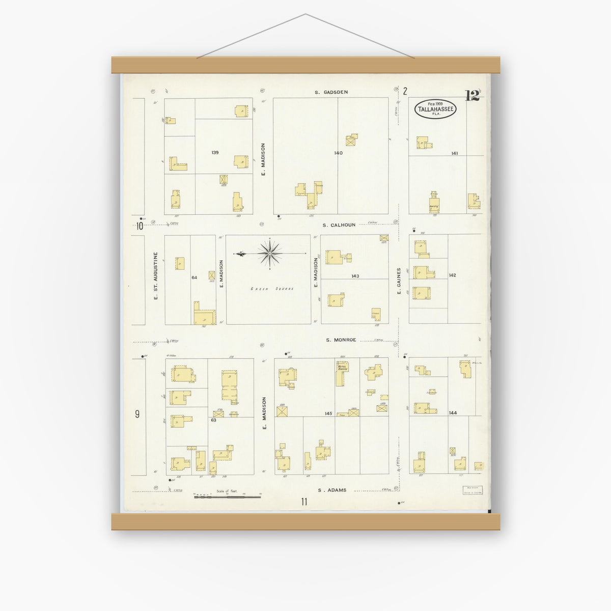 Old map wall art mockup — magnetic wood frame on white wall — Sanborn Fire Insurance Map from Tallahassee, Leon County, Florida (1909), Sheet #0012