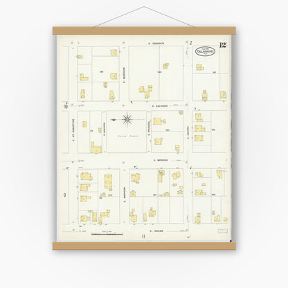 Old map wall art mockup — magnetic wood frame on white wall — Sanborn Fire Insurance Map from Tallahassee, Leon County, Florida (1909), Sheet #0012