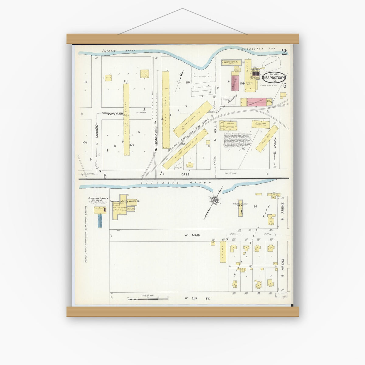 Old map wall art mockup — magnetic wood frame on white wall — Sanborn Fire Insurance Map from Beardstown, Cass County, Illinois (1913), Sheet #0002