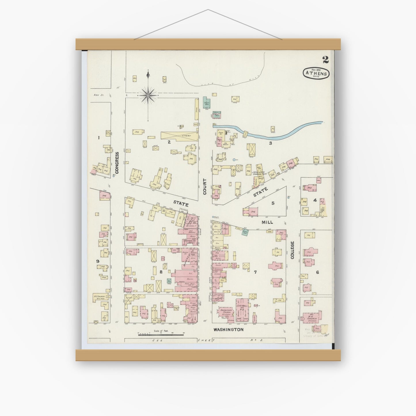 Old map wall art mockup — magnetic wood frame on white wall — Sanborn Fire Insurance Map from Athens, Athens County, Ohio (1890), Sheet #0002