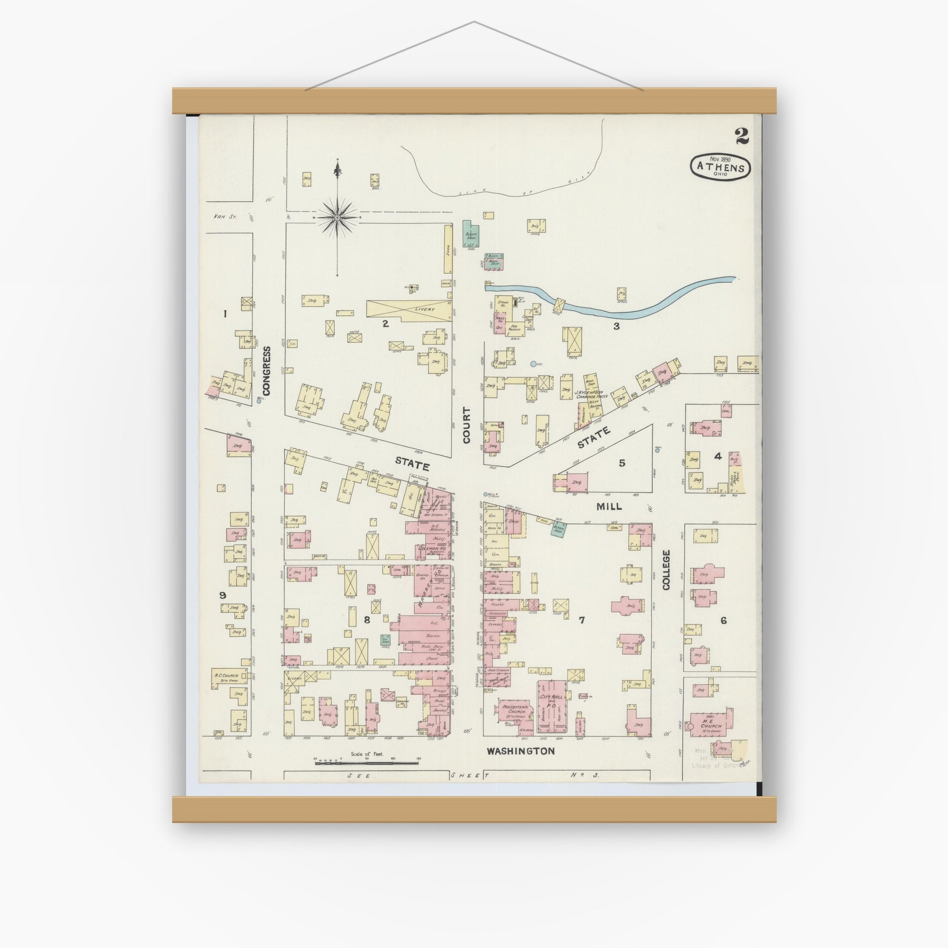 Old map wall art mockup — magnetic wood frame on white wall — Sanborn Fire Insurance Map from Athens, Athens County, Ohio (1890), Sheet #0002