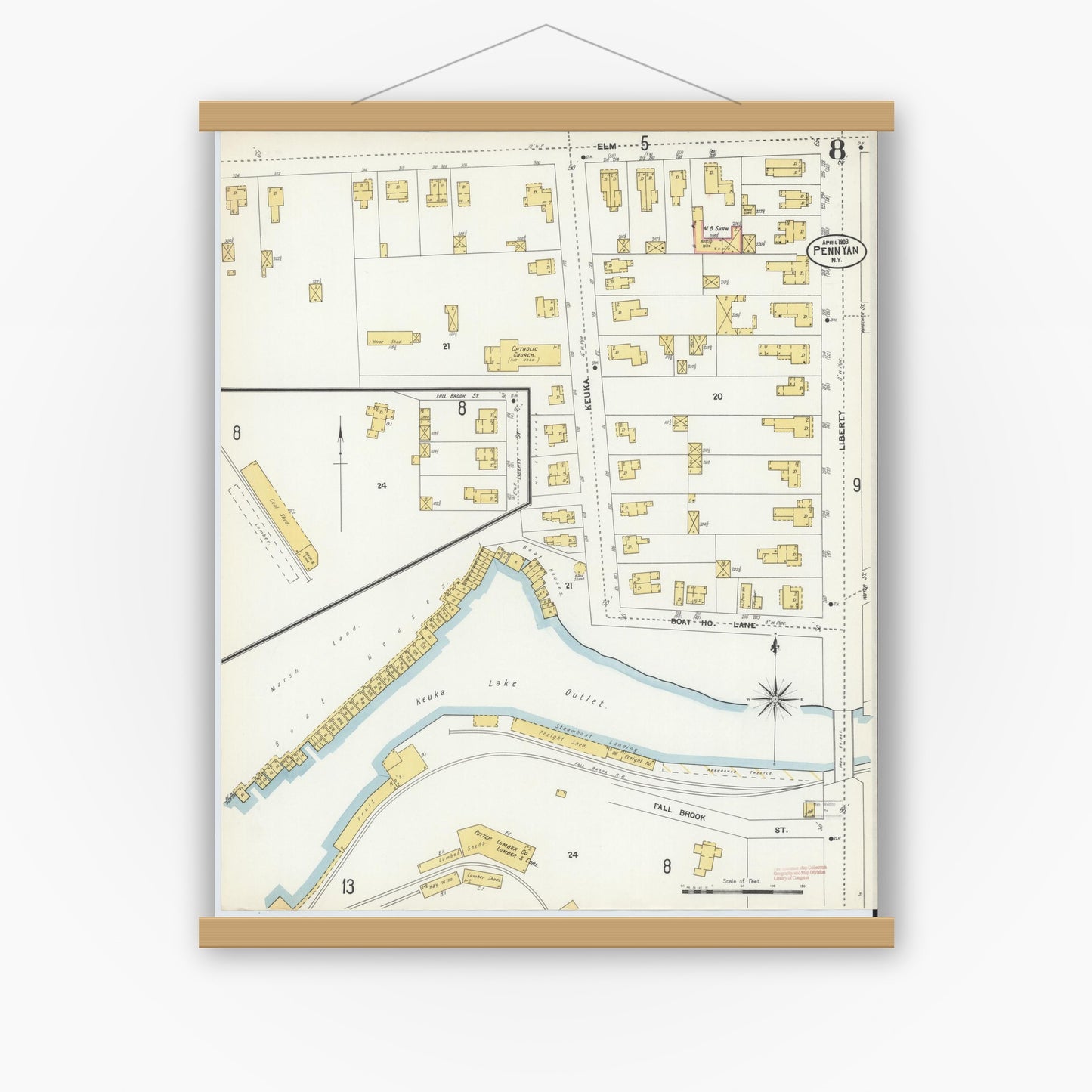 Old map wall art mockup — magnetic wood frame on white wall — Sanborn Fire Insurance Map from Penn Yan, Yates County, New York (1903), Sheet #0008