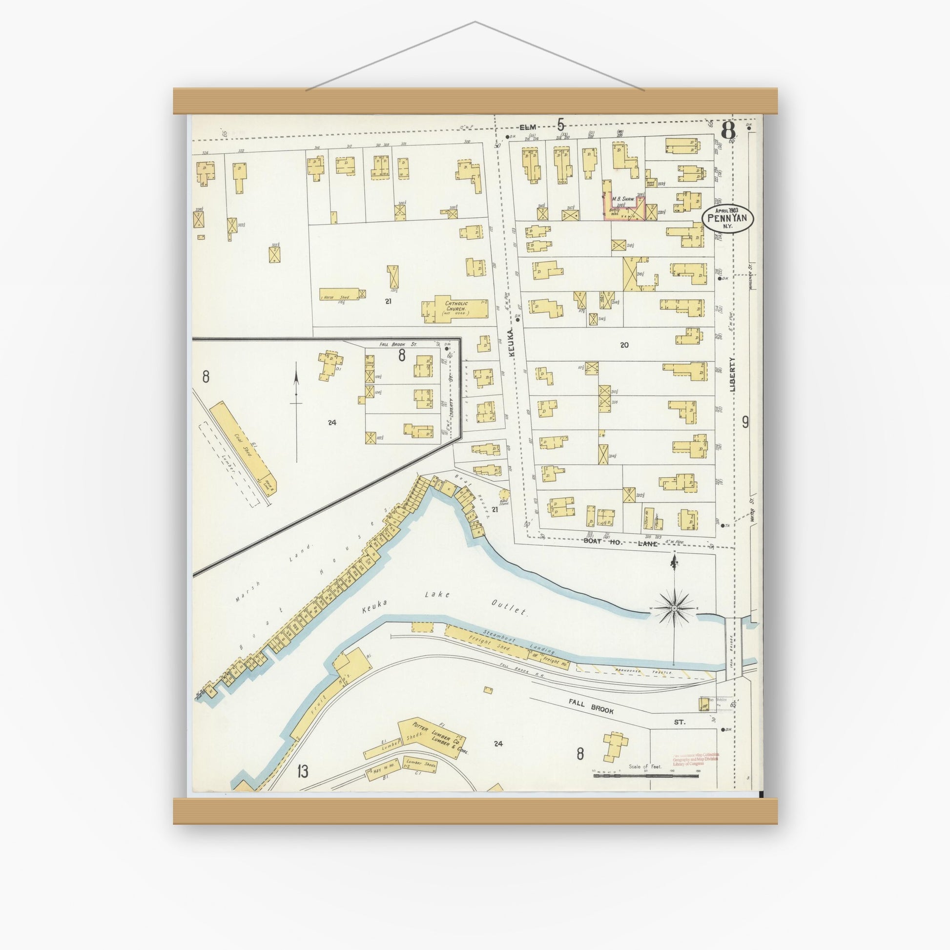 Old map wall art mockup — magnetic wood frame on white wall — Sanborn Fire Insurance Map from Penn Yan, Yates County, New York (1903), Sheet #0008
