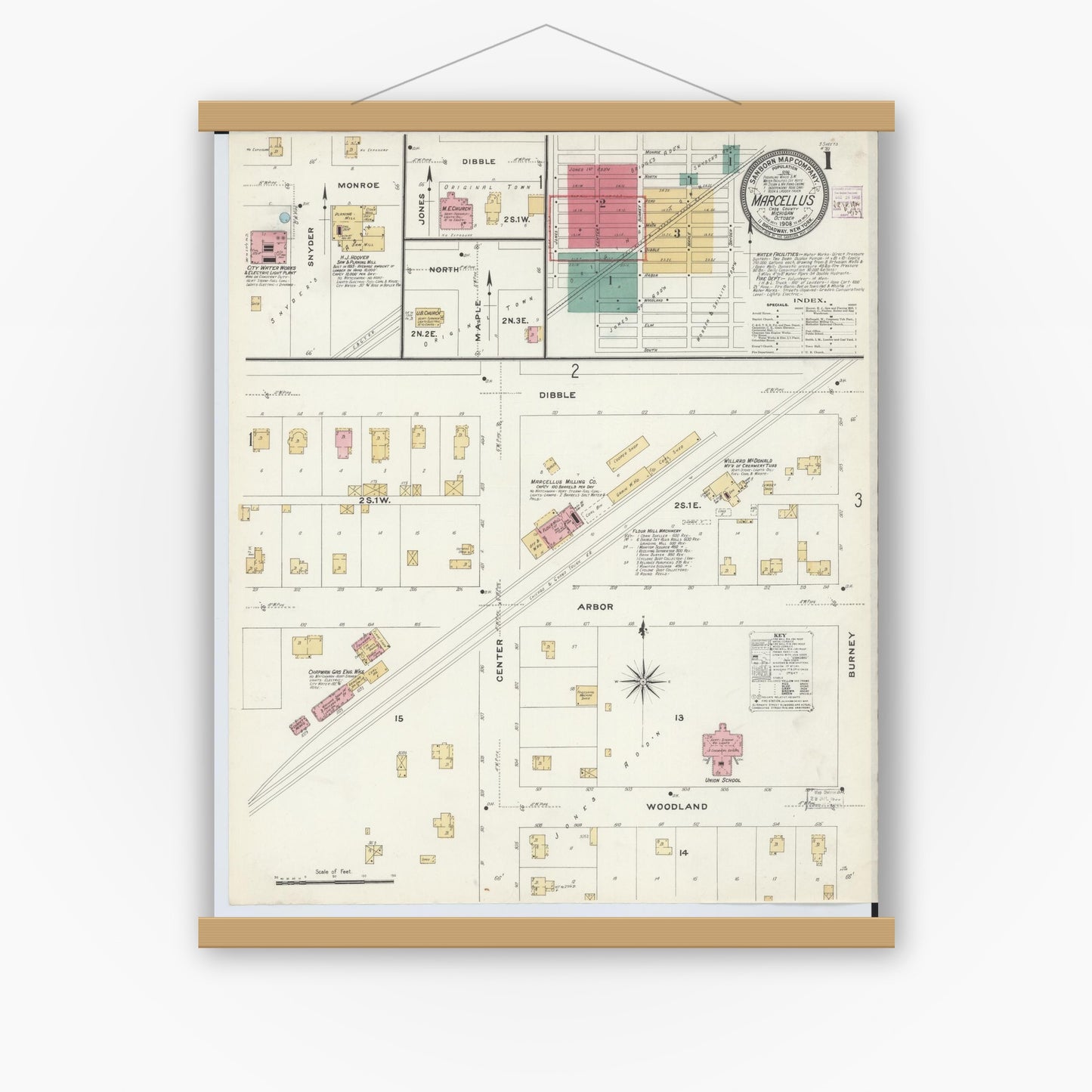 Old map wall art mockup — magnetic wood frame on white wall — Sanborn Fire Insurance Map from Marcellus, Cass County, Michigan (1908) - Complete Map Set