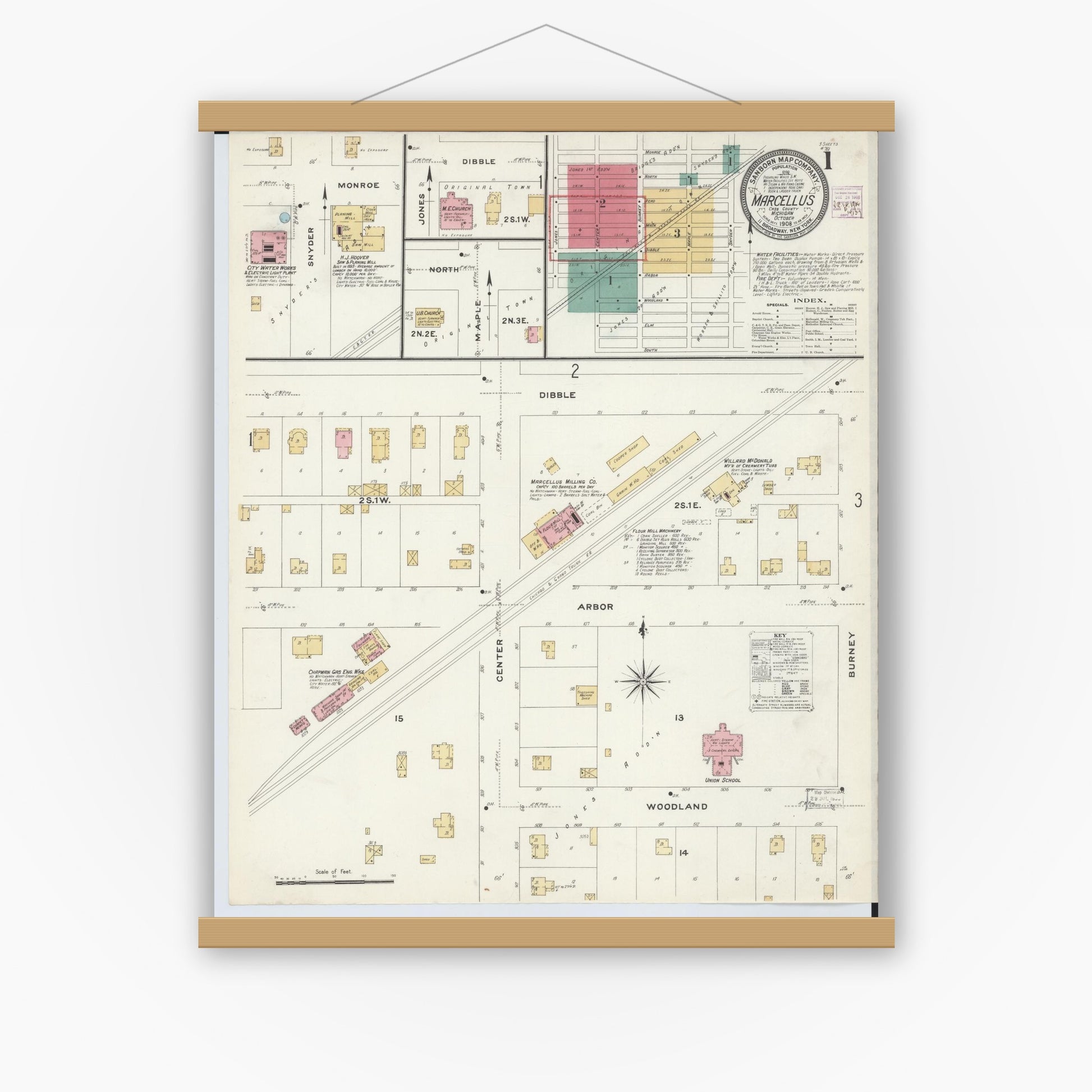 Old map wall art mockup — magnetic wood frame on white wall — Sanborn Fire Insurance Map from Marcellus, Cass County, Michigan (1908) - Complete Map Set