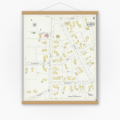 Old map wall art mockup — magnetic wood frame on white wall — Sanborn Fire Insurance Map from Bridgewater, Plymouth County, Massachusetts (1896), Sheet #0004