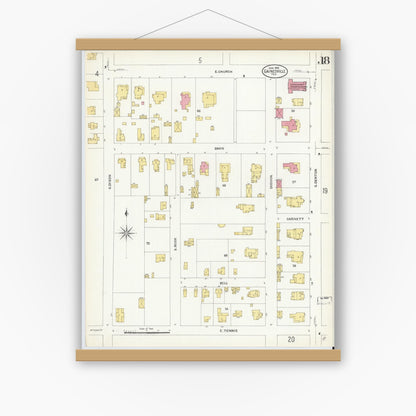 Old map wall art mockup — magnetic wood frame on white wall — Sanborn Fire Insurance Map from Gainesville, Cooke County, Texas (1908), Sheet #0018