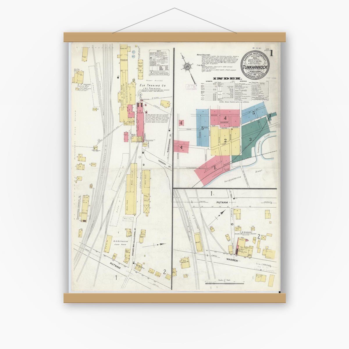Old map wall art mockup — magnetic wood frame on white wall — Sanborn Fire Insurance Map from Tunkhannock, Wyoming County, Pennsylvania (1911), Sheet #0001