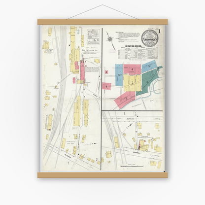 Old map wall art mockup — magnetic wood frame on white wall — Sanborn Fire Insurance Map from Tunkhannock, Wyoming County, Pennsylvania (1911), Sheet #0001
