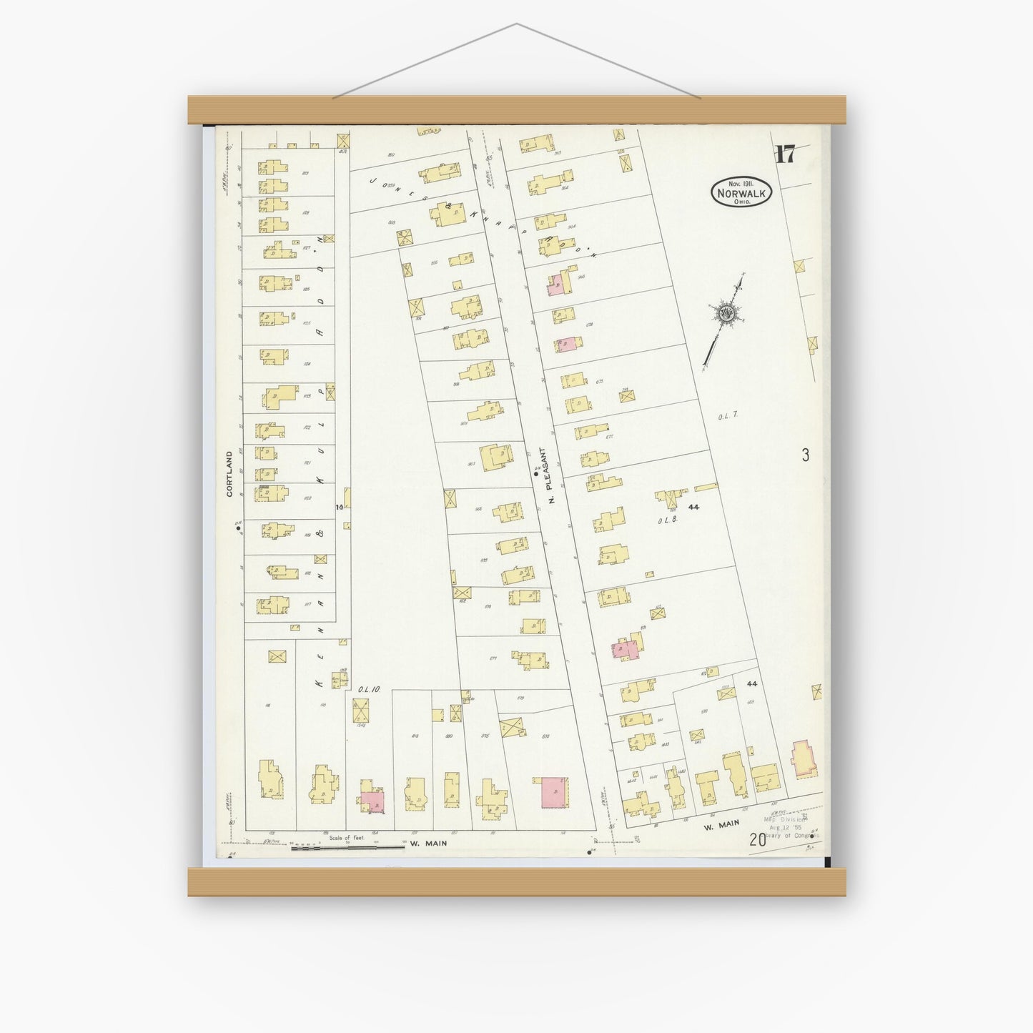 Old map wall art mockup — magnetic wood frame on white wall — Sanborn Fire Insurance Map from Norwalk, Huron County, Ohio (1911), Sheet #0017