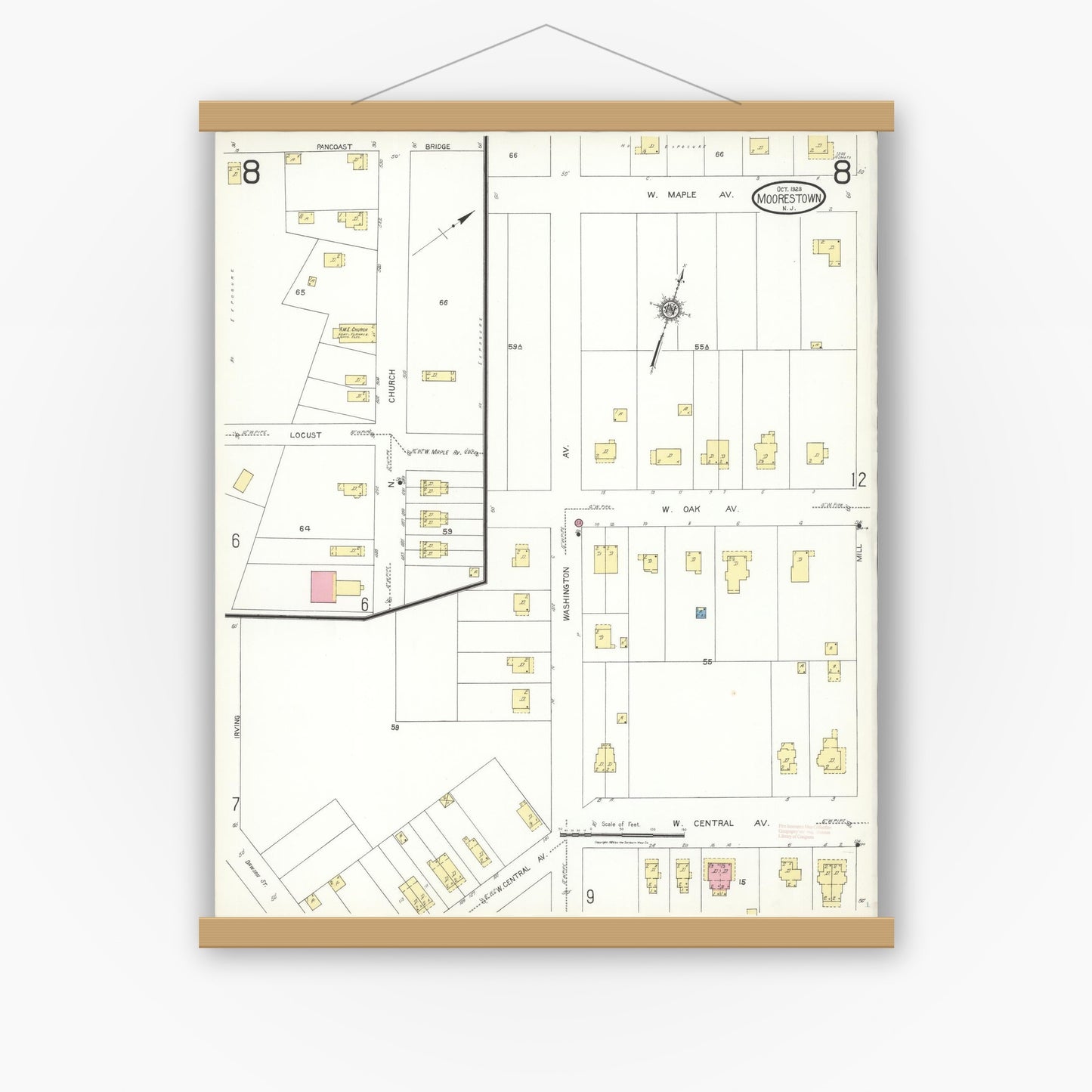 Old map wall art mockup — magnetic wood frame on white wall — Sanborn Fire Insurance Map from Moorestown, Burlington County, New Jersey (1923), Sheet #0008