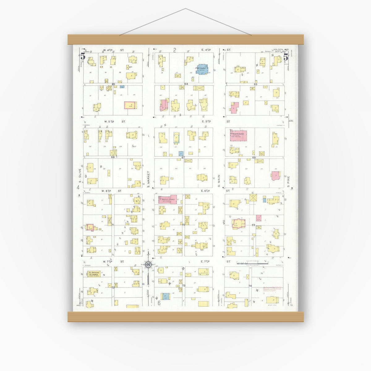 Old map wall art mockup — magnetic wood frame on white wall — Sanborn Fire Insurance Map from Holden, Johnson County, Missouri (1931), Sheet #0005