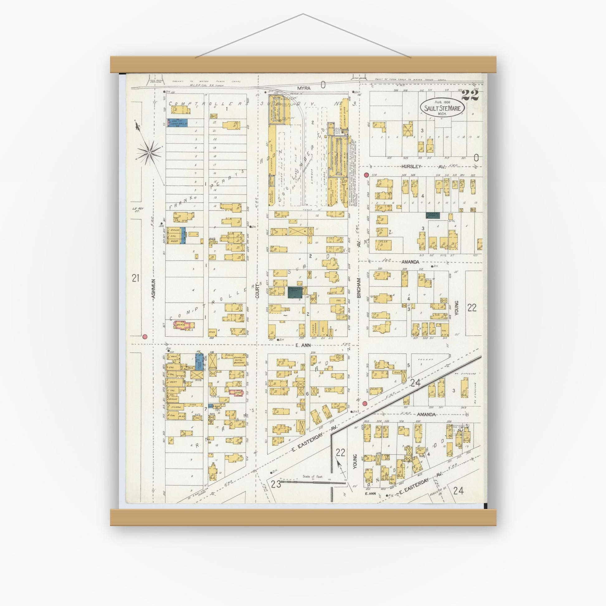 Old map wall art mockup — magnetic wood frame on white wall — Sanborn Fire Insurance Map from Sault Sainte Marie, Chippewa County, Michigan (1906), Sheet #0022