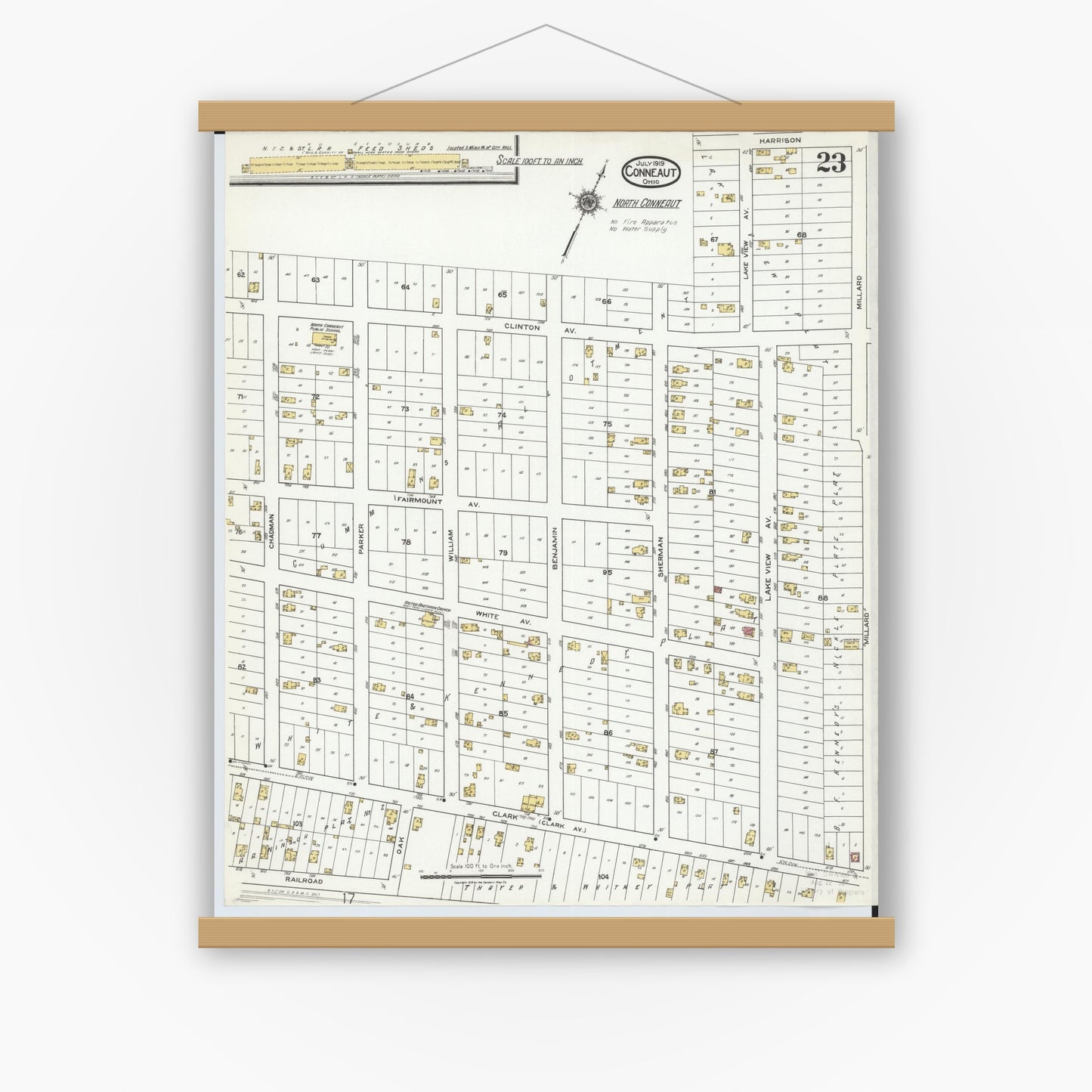Old map wall art mockup — magnetic wood frame on white wall — Sanborn Fire Insurance Map from Conneaut, Ashtabula County, Ohio (1919), Sheet #0023