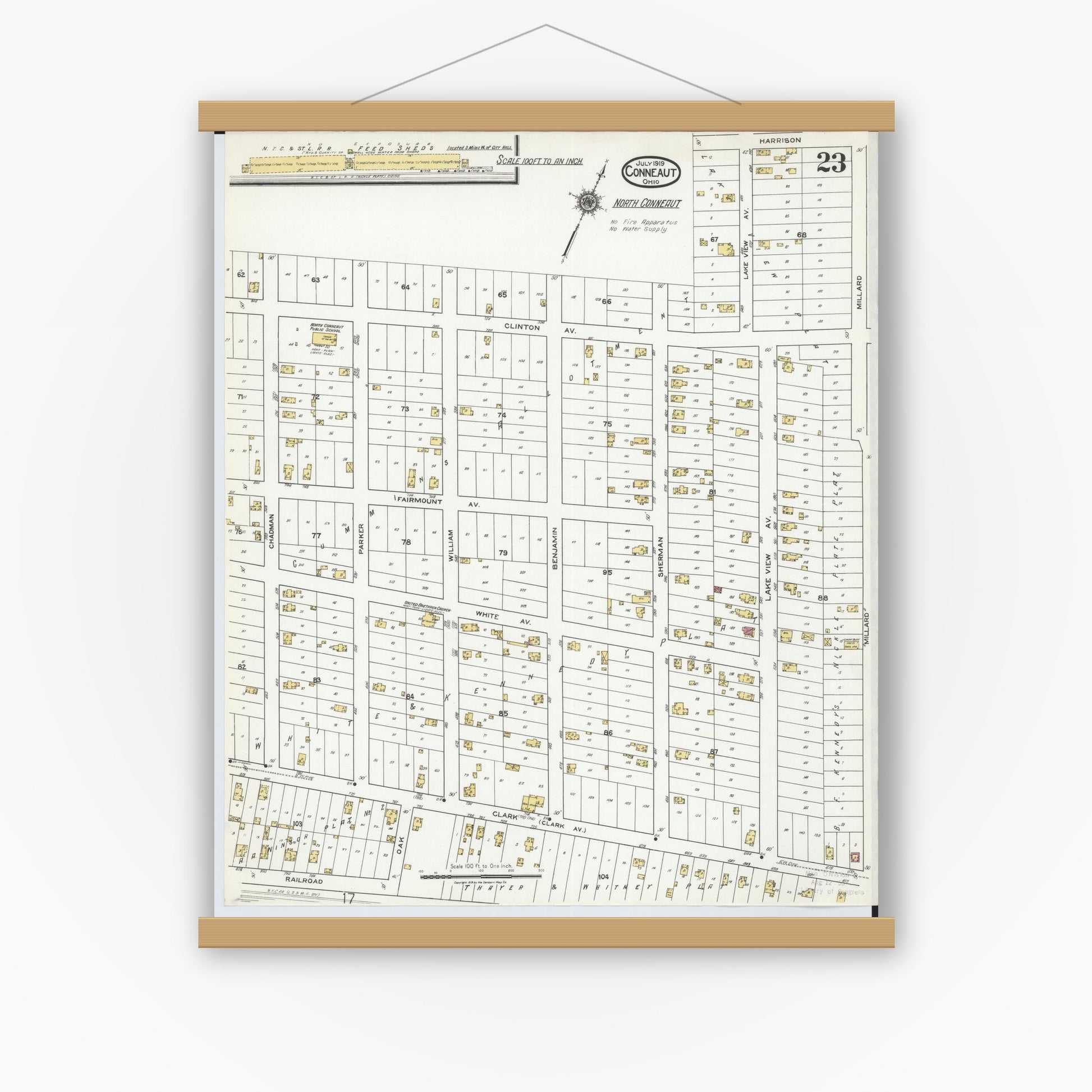 Old map wall art mockup — magnetic wood frame on white wall — Sanborn Fire Insurance Map from Conneaut, Ashtabula County, Ohio (1919), Sheet #0023