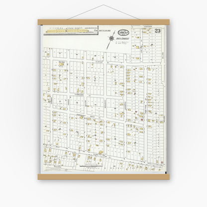 Old map wall art mockup — magnetic wood frame on white wall — Sanborn Fire Insurance Map from Conneaut, Ashtabula County, Ohio (1919), Sheet #0023