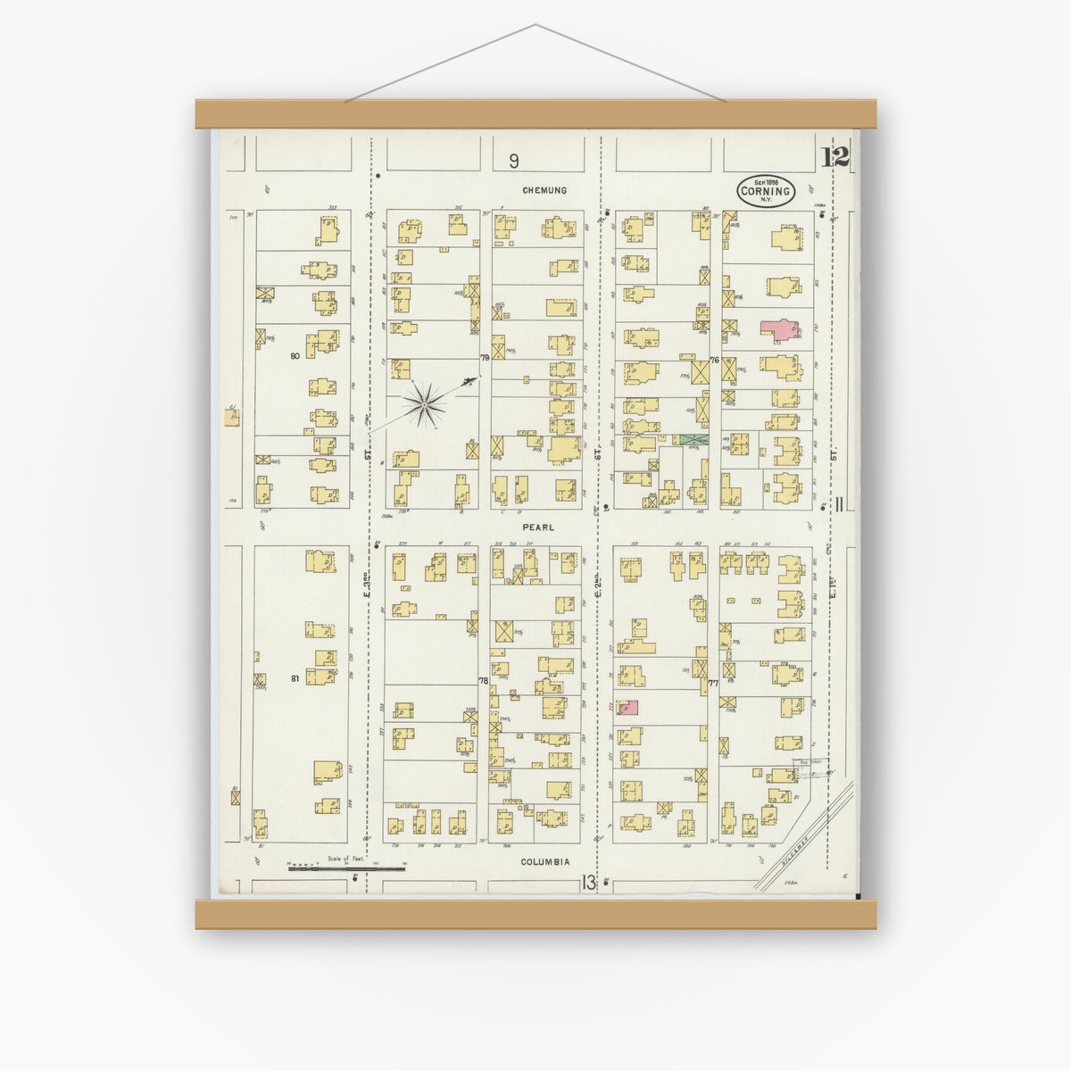 Old map wall art mockup — magnetic wood frame on white wall — Sanborn Fire Insurance Map from Corning, Steuben County, New York (1898), Sheet #0012