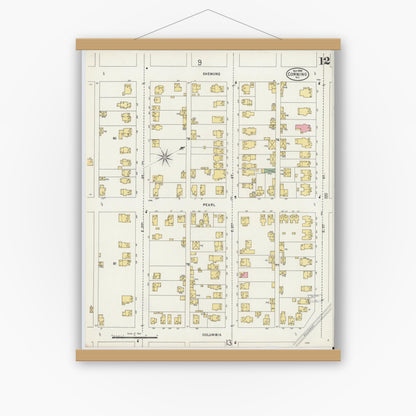 Old map wall art mockup — magnetic wood frame on white wall — Sanborn Fire Insurance Map from Corning, Steuben County, New York (1898), Sheet #0012