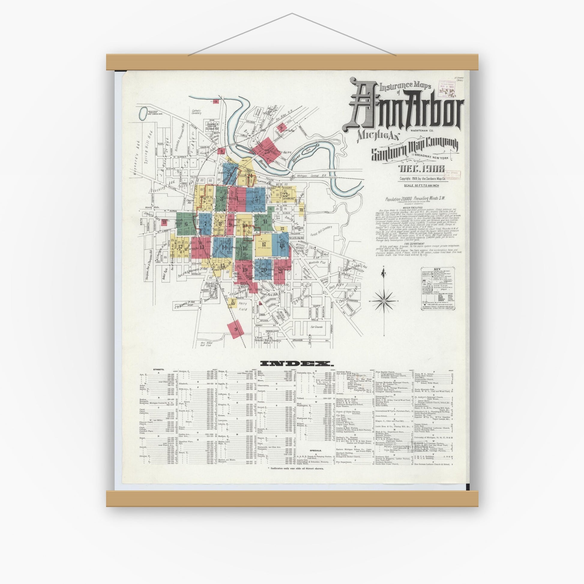 Old map wall art mockup — magnetic wood frame on white wall — Sanborn Fire Insurance Map from Ann Arbor, Washtenaw County, Michigan (1908) - Complete Map Set