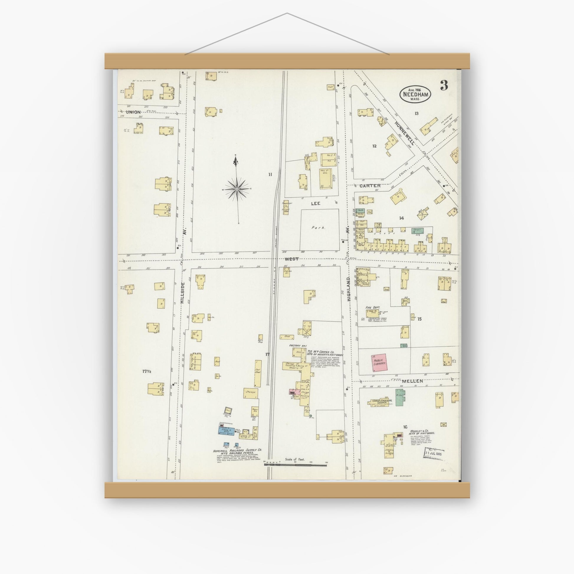 Old map wall art mockup — magnetic wood frame on white wall — Sanborn Fire Insurance Map from Needham, Norfolk County, Massachusetts (1906), Sheet #0003