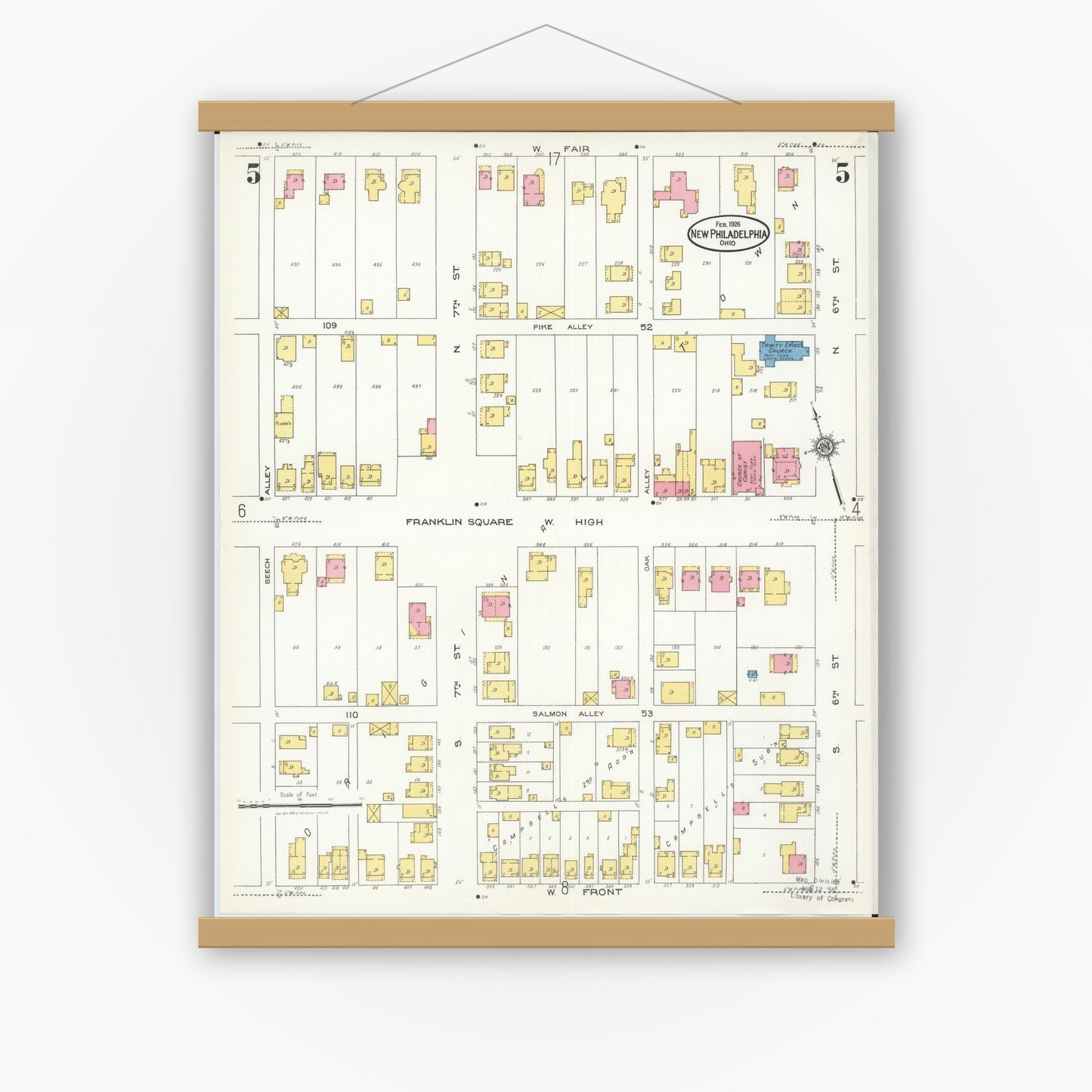 Old map wall art mockup — magnetic wood frame on white wall — Sanborn Fire Insurance Map from New Philadelphia, Tuscarawas County, Ohio (1926), Sheet #0005