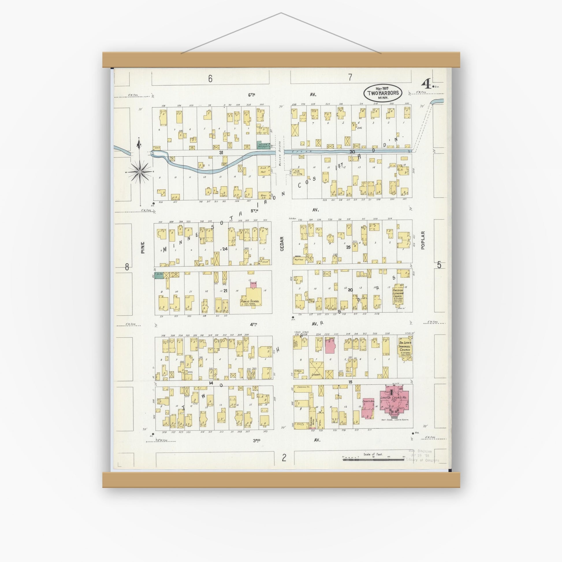 Old map wall art mockup — magnetic wood frame on white wall — Sanborn Fire Insurance Map from Two Harbors, Lake County, Minnesota (1907), Sheet #0004