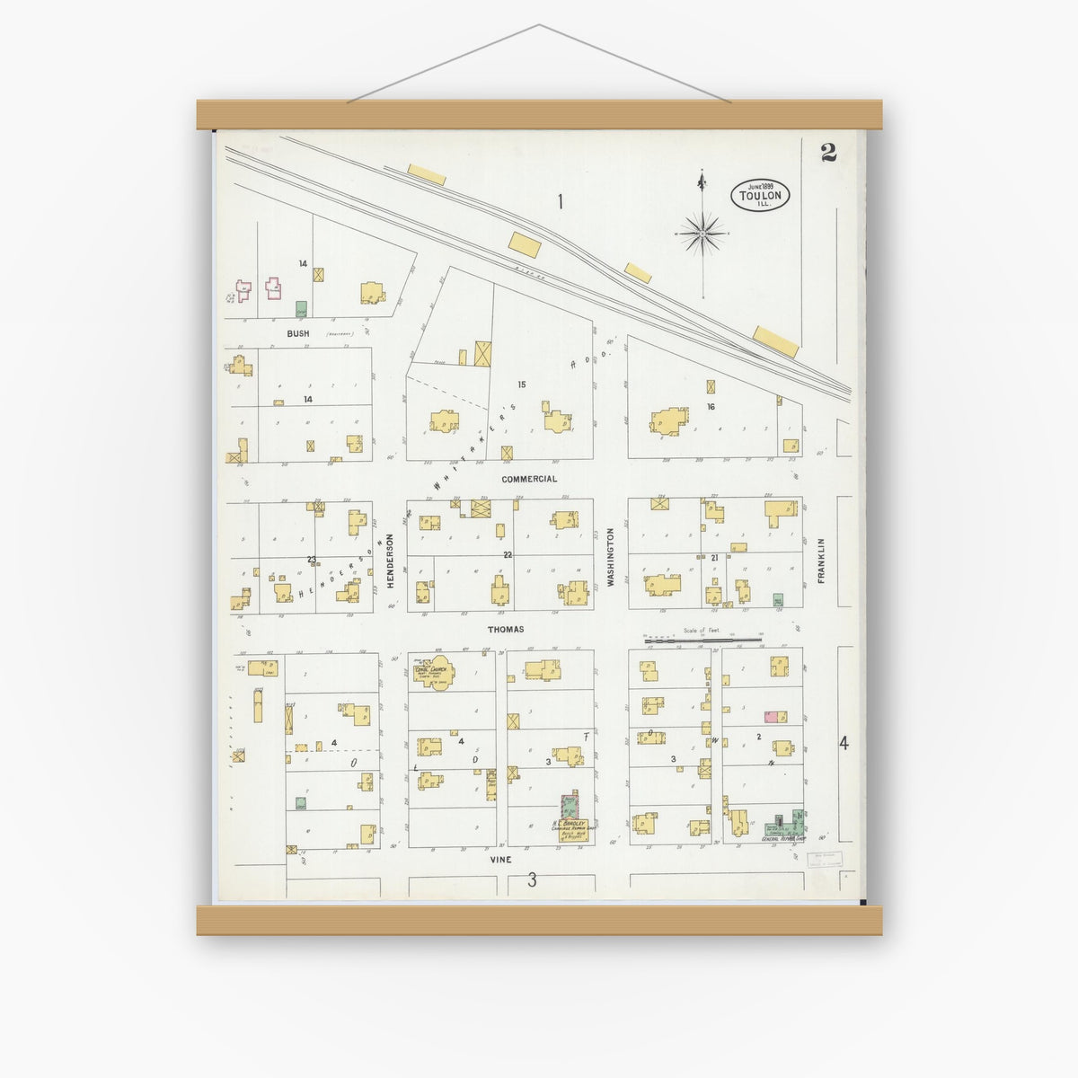 Old map wall art mockup — magnetic wood frame on white wall — Sanborn Fire Insurance Map from Toulon, Stark County, Illinois (1899), Sheet #0002
