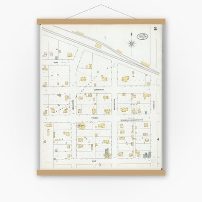 Old map wall art mockup — magnetic wood frame on white wall — Sanborn Fire Insurance Map from Toulon, Stark County, Illinois (1899), Sheet #0002