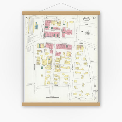 Old map wall art mockup — magnetic wood frame on white wall — Sanborn Fire Insurance Map from Natick, Middlesex County, Massachusetts (1909), Sheet #0010