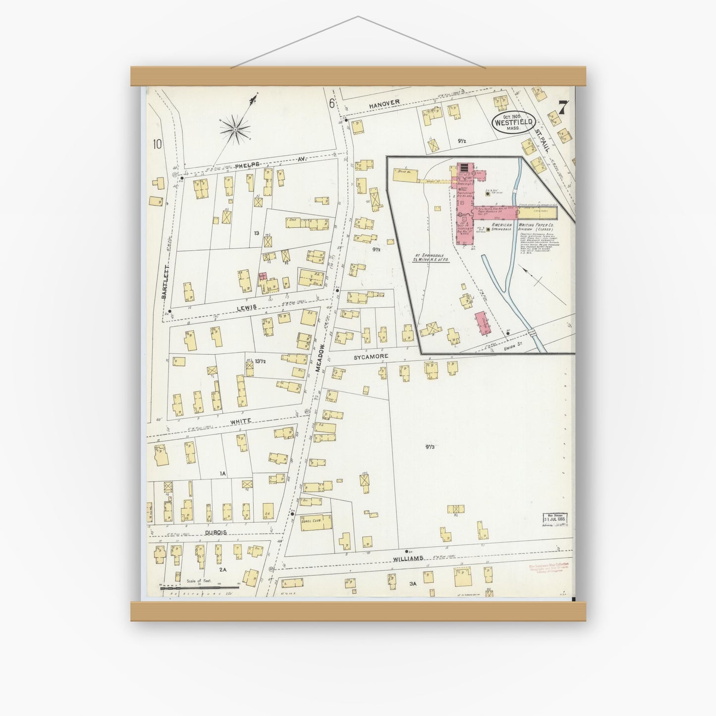 Old map wall art mockup — magnetic wood frame on white wall — Sanborn Fire Insurance Map from Westfield, Hampden County, Massachusetts (1905), Sheet #0007