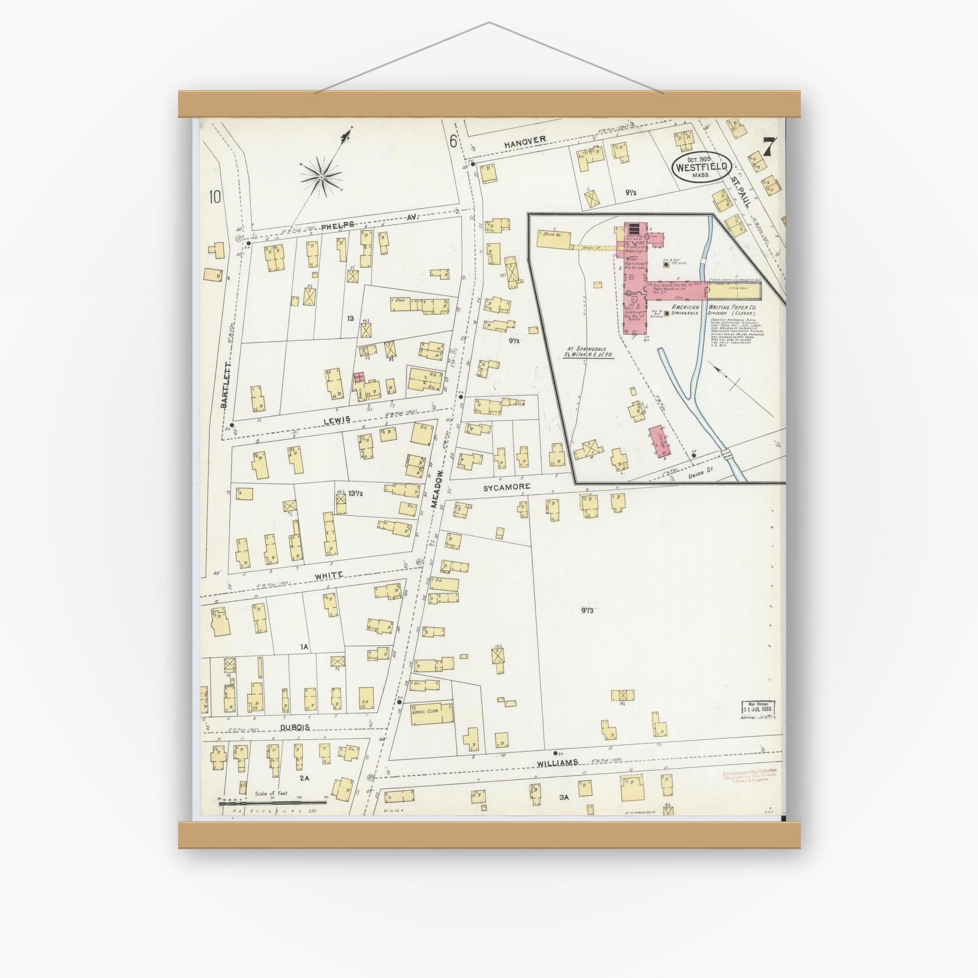 Old map wall art mockup — magnetic wood frame on white wall — Sanborn Fire Insurance Map from Westfield, Hampden County, Massachusetts (1905), Sheet #0007