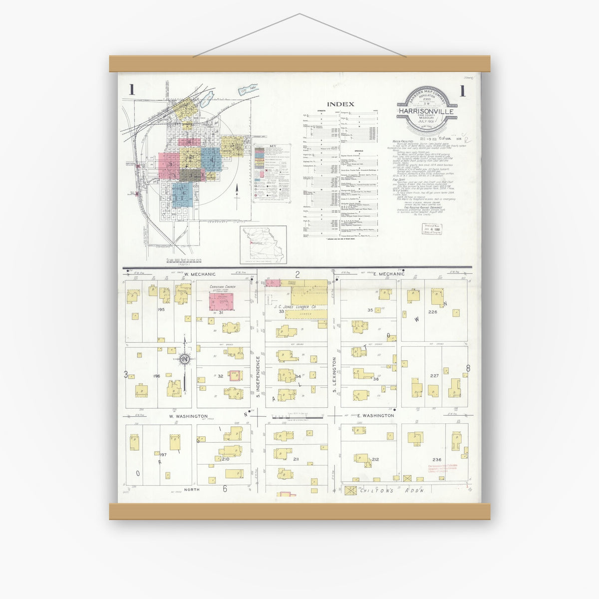 Old map wall art mockup — magnetic wood frame on white wall — Sanborn Fire Insurance Map from Harrisonville, Cass County, Missouri (1931) - Complete Map Set