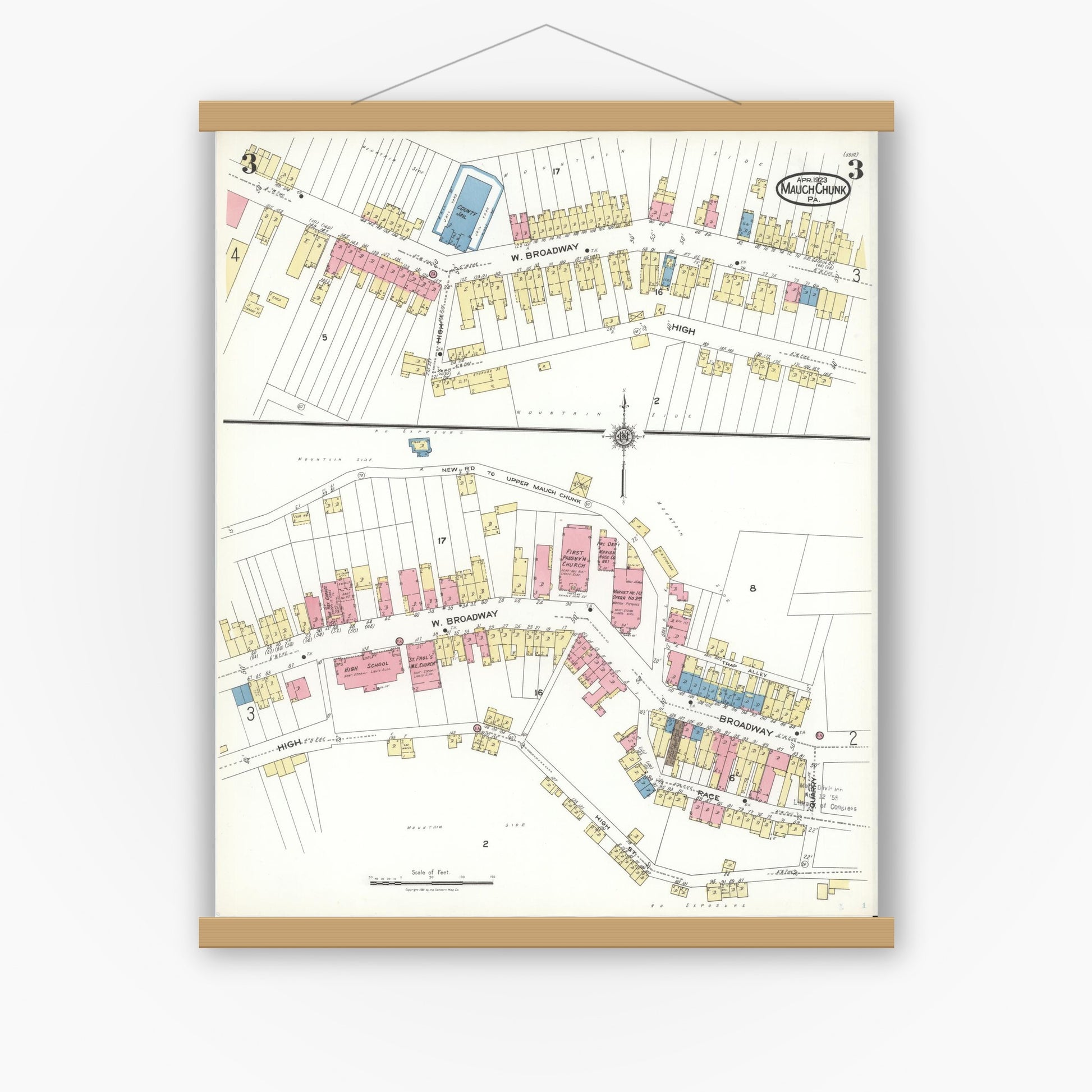 Old map wall art mockup — magnetic wood frame on white wall — Sanborn Fire Insurance Map from Mauch Chunk, Carbon County, Pennsylvania (1923), Sheet #0003