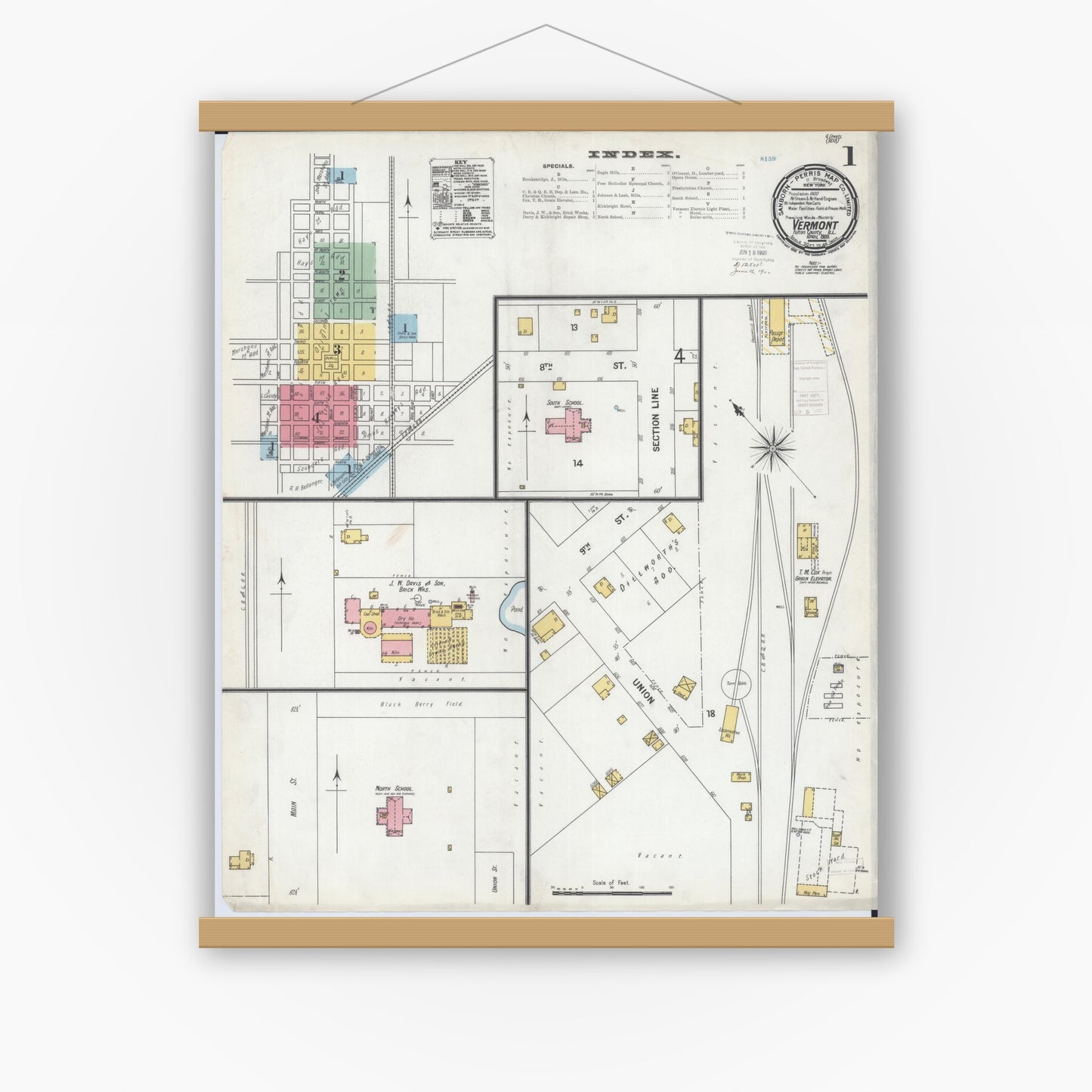 Old map wall art mockup — magnetic wood frame on white wall — Sanborn Fire Insurance Map from Vermont, Fulton County, Illinois (1900), Sheet #0001