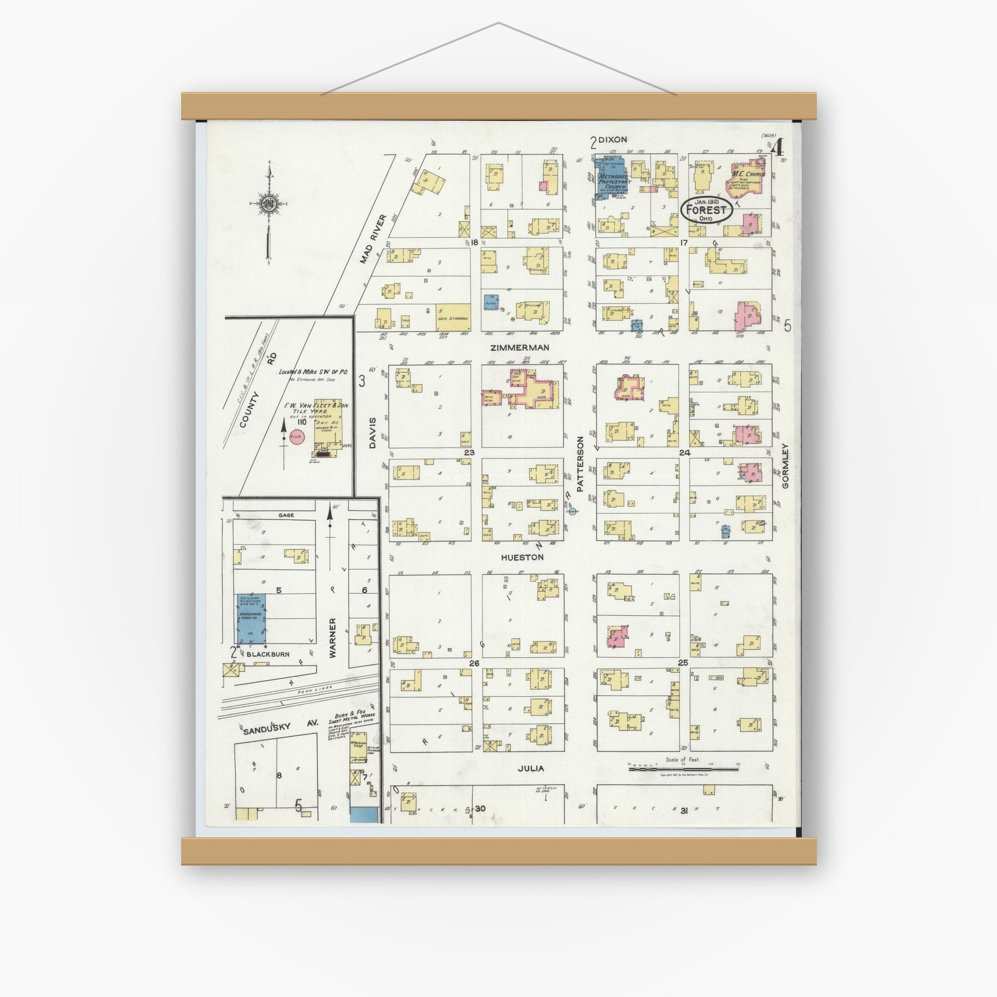 Old map wall art mockup — magnetic wood frame on white wall — Sanborn Fire Insurance Map from Forest, Hardin County, Ohio (1921), Sheet #0004