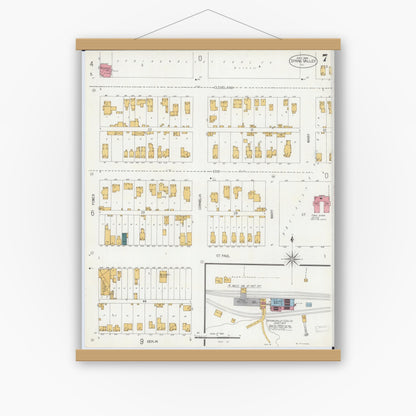 Old map wall art mockup — magnetic wood frame on white wall — Sanborn Fire Insurance Map from Spring Valley, Bureau County, Illinois (1906), Sheet #0007
