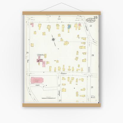 Old map wall art mockup — magnetic wood frame on white wall — Sanborn Fire Insurance Map from Greenfield, Franklin County, Massachusetts (1909), Sheet #0025