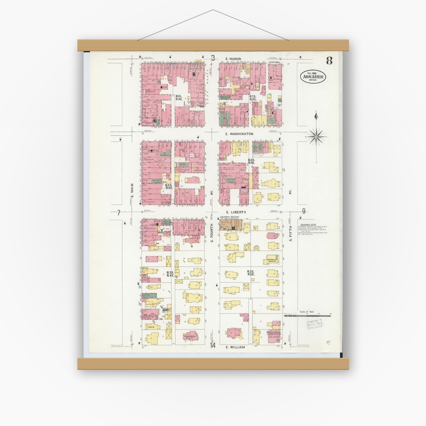 Old map wall art mockup — magnetic wood frame on white wall — Sanborn Fire Insurance Map from Ann Arbor, Washtenaw County, Michigan (1908), Sheet #0008