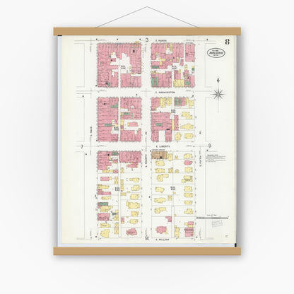 Old map wall art mockup — magnetic wood frame on white wall — Sanborn Fire Insurance Map from Ann Arbor, Washtenaw County, Michigan (1908), Sheet #0008