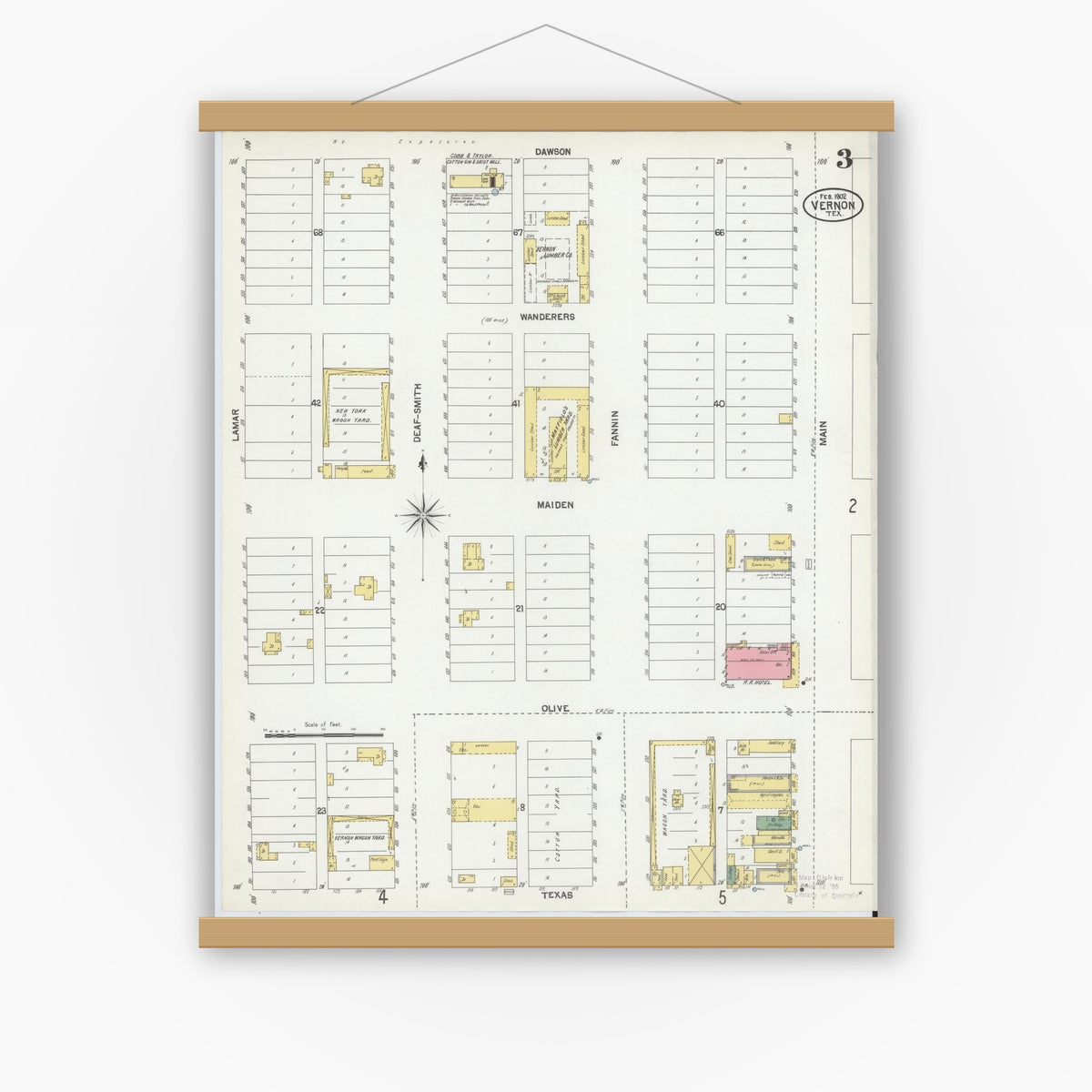Old map wall art mockup — magnetic wood frame on white wall — Sanborn Fire Insurance Map from Vernon, Wilbarger County, Texas (1902), Sheet #0003