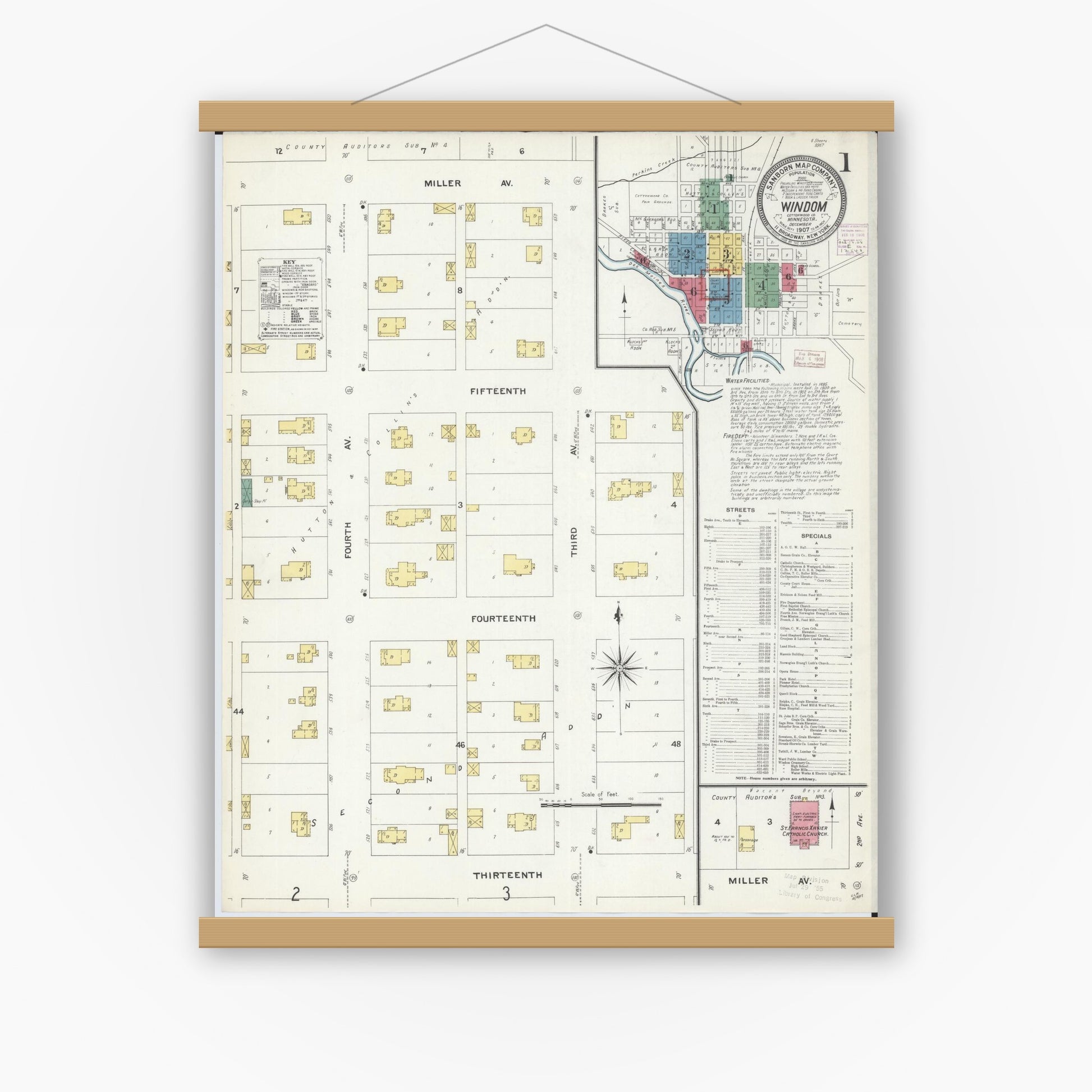 Old map wall art mockup — magnetic wood frame on white wall — Sanborn Fire Insurance Map from Windom, Cottonwood County, Minnesota (1907) - Complete Map Set